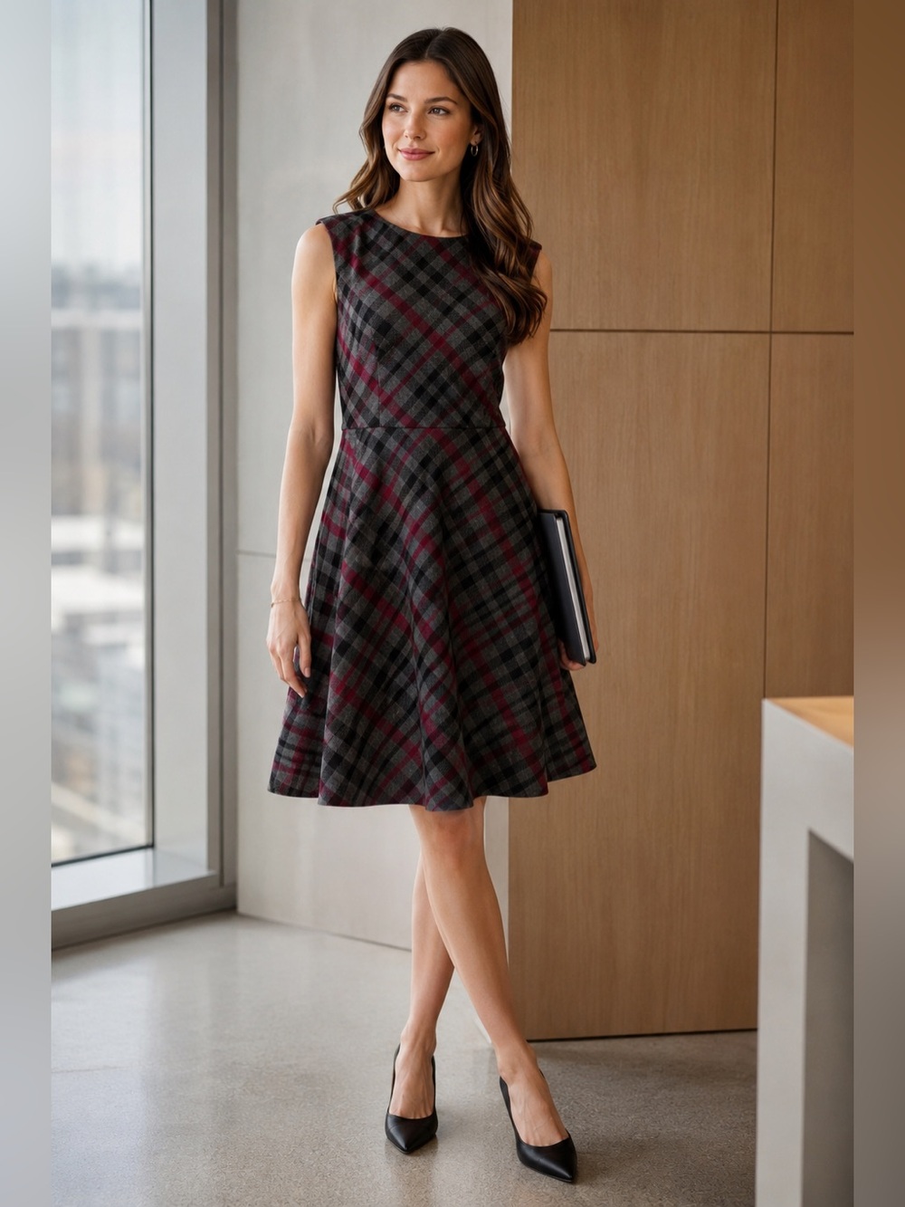 Plaid Fit & Flare Sleeveless Dress Gray Burgundy Lined Like New